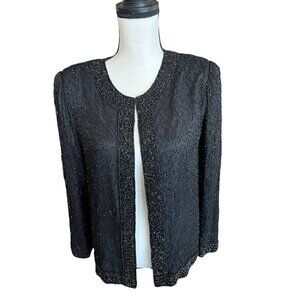 Women's Vintage Open Front Beaded Sparkly Black Jacket S-M